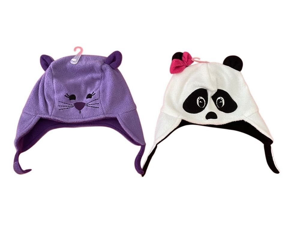Lot of 2 Nwt Baby Cat Panda Winter Hats 0 to 12 Months Ear Flaps Infant Fleece C
